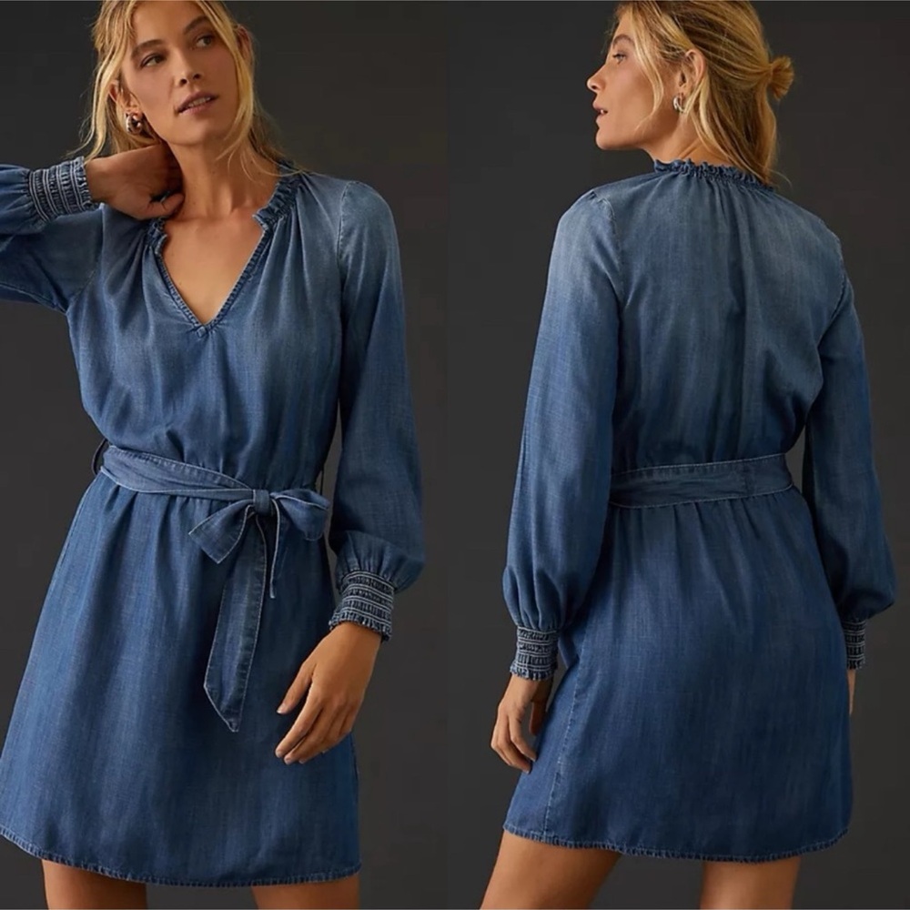 Cloth and Stone Denim Ruffle Neck Dress